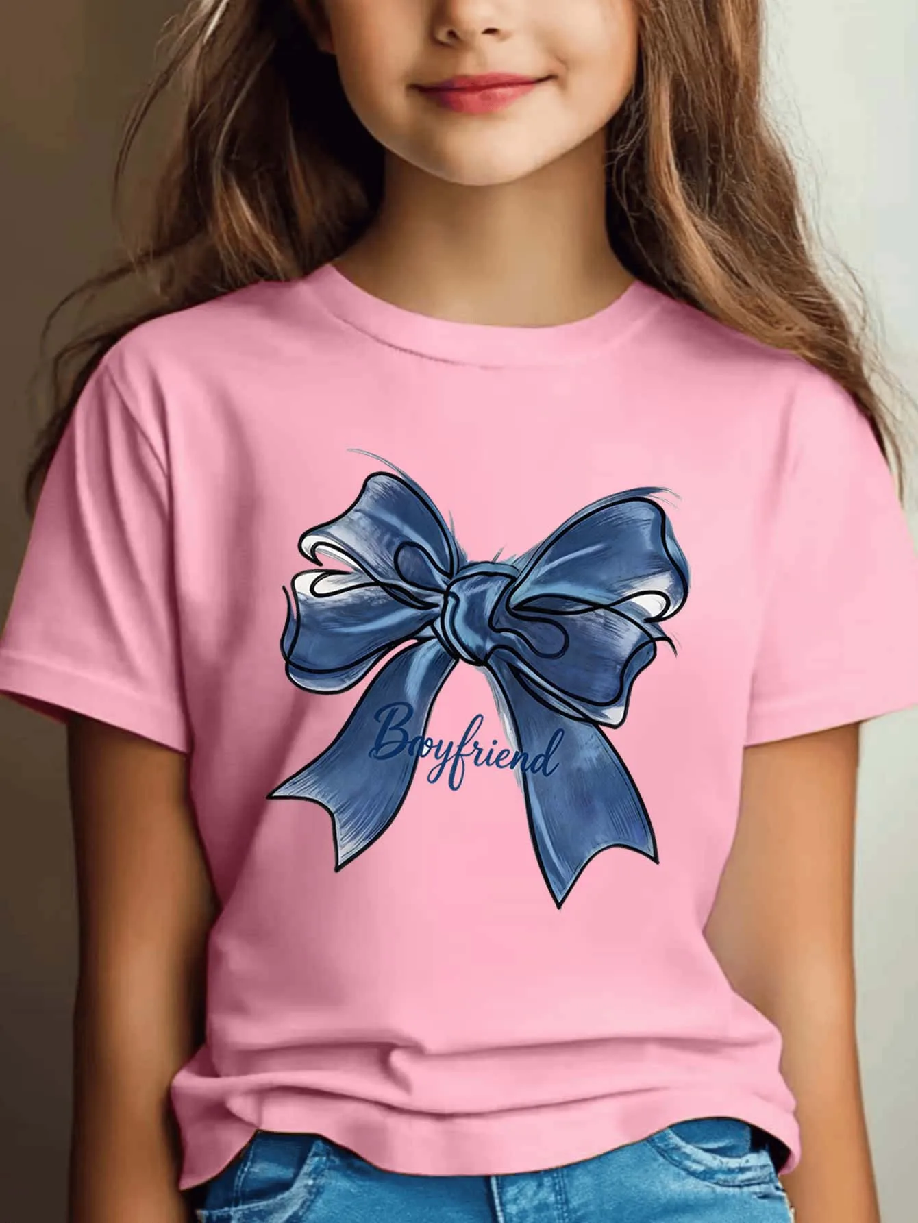 Blue Bow Letter Print Boys Girls T Shirt Elegant Fashion Graphic Kids Tee Parent Child Matching Casual Summer Family Daily Tops