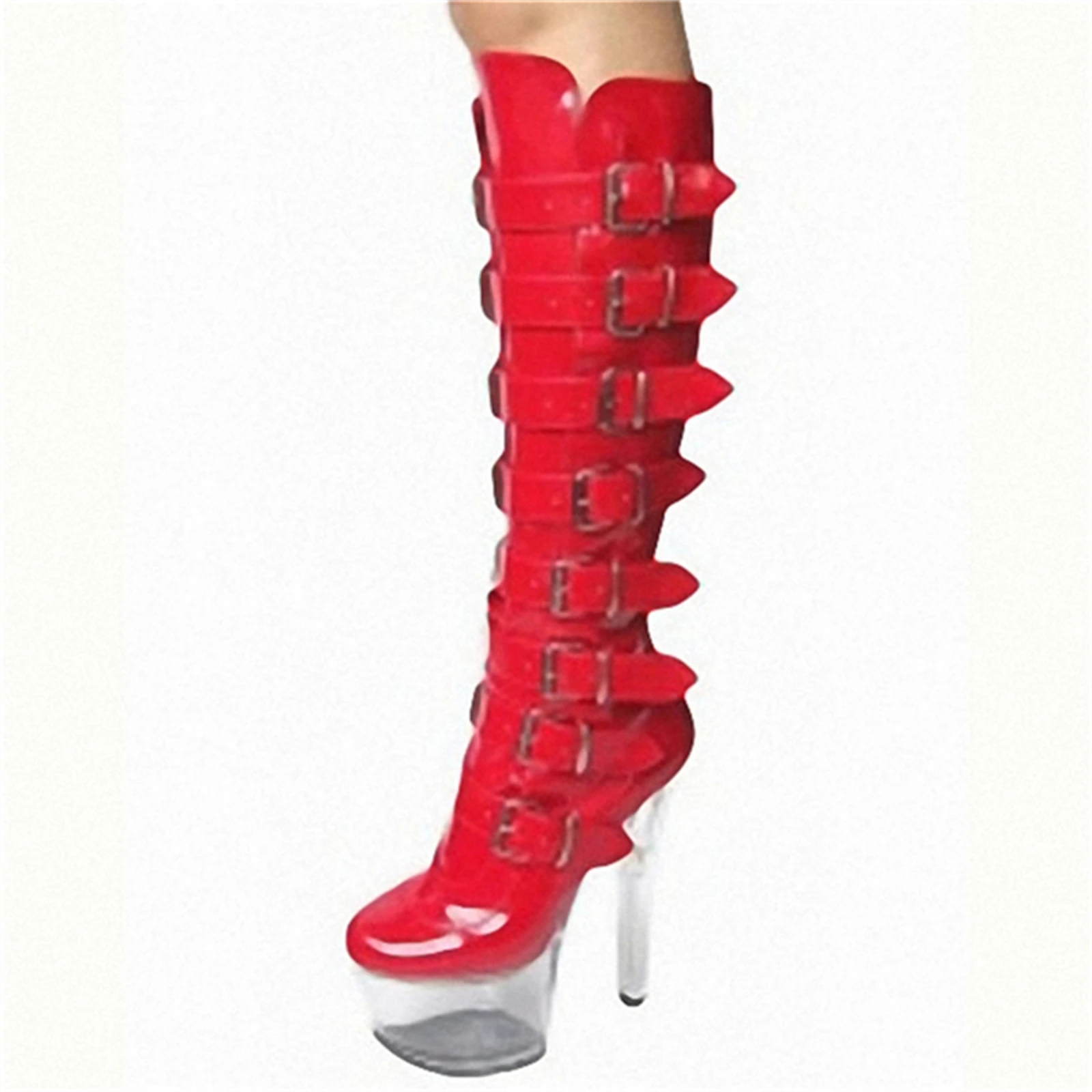 

​17CM Extreme Heel Thigh Boots Bright Red, Patent Leather Platform Boots with Multi-Strap Metal Buckles, Futuristic Fetish Wear