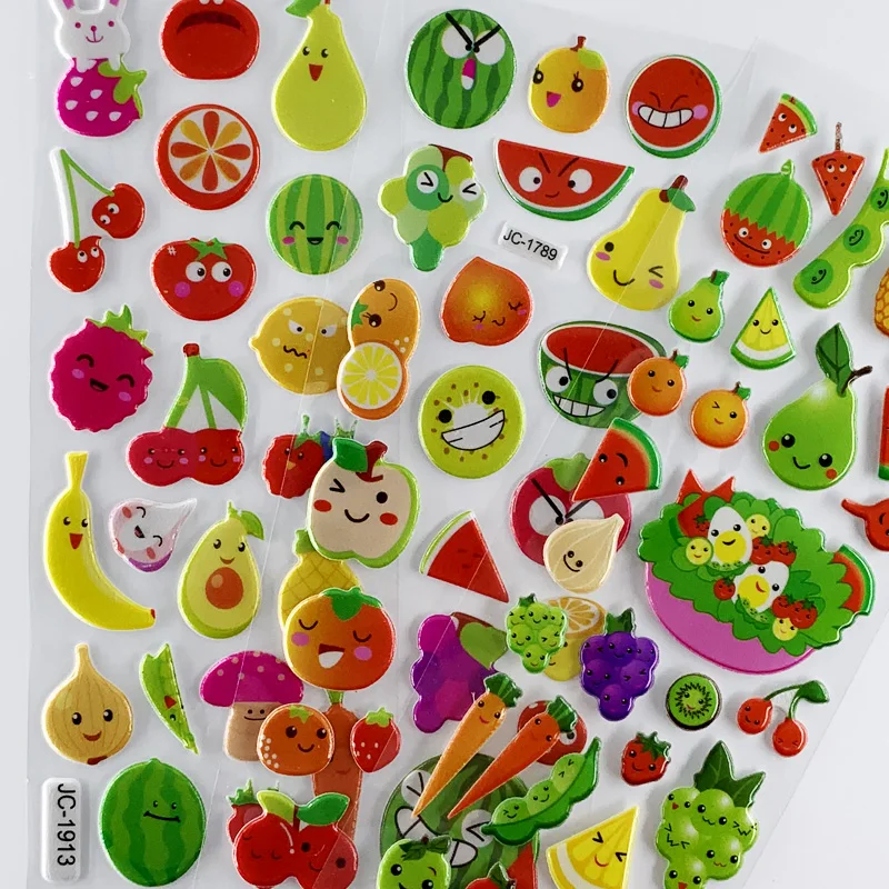 Juego de pegatinas de dibujos animados para niños, pegatinas de frutas y verduras para álbum de recortes DIY, juguetes cognitivos para niños y niñas de jardín de infantes, 8 hojas por juego