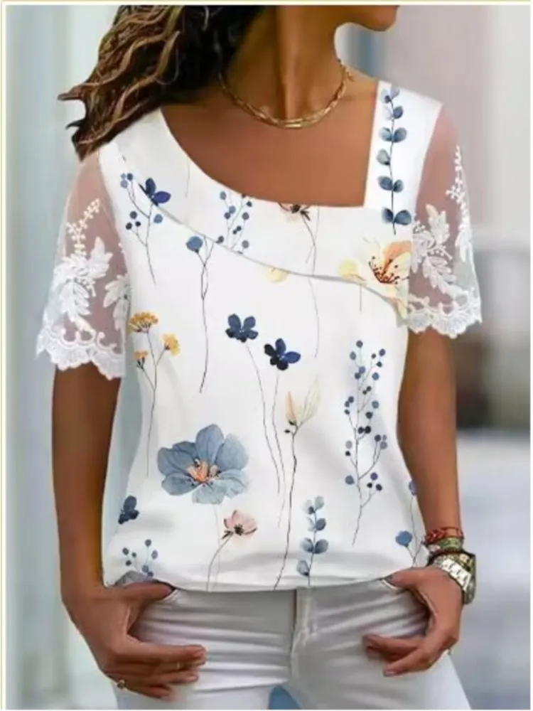 Women\'s Fashion White Blouses 2023 Summer Lace Short Sleeve Tops T-Shirt Casual Buttons Office T-shirt Shirt Top Femme Clothing