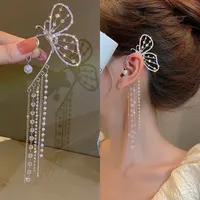 Fashion Crystal Butterfly Clip Earring for Women Pearl Bead Ear Cuff Long Tassels Charm Hollow Earrings Clip Xmas Jewelry Gifts