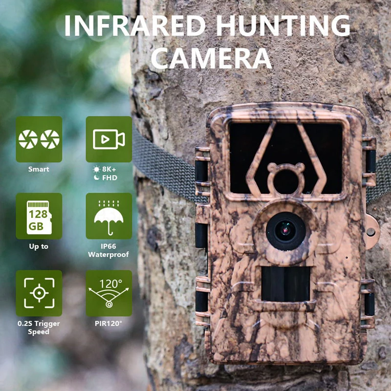 Trail Cameras 60MP 8K Bluetooth Supports APP for Outdoor Animal Hunting Infrared Night Vision and Wildlife Monitoring PR801W