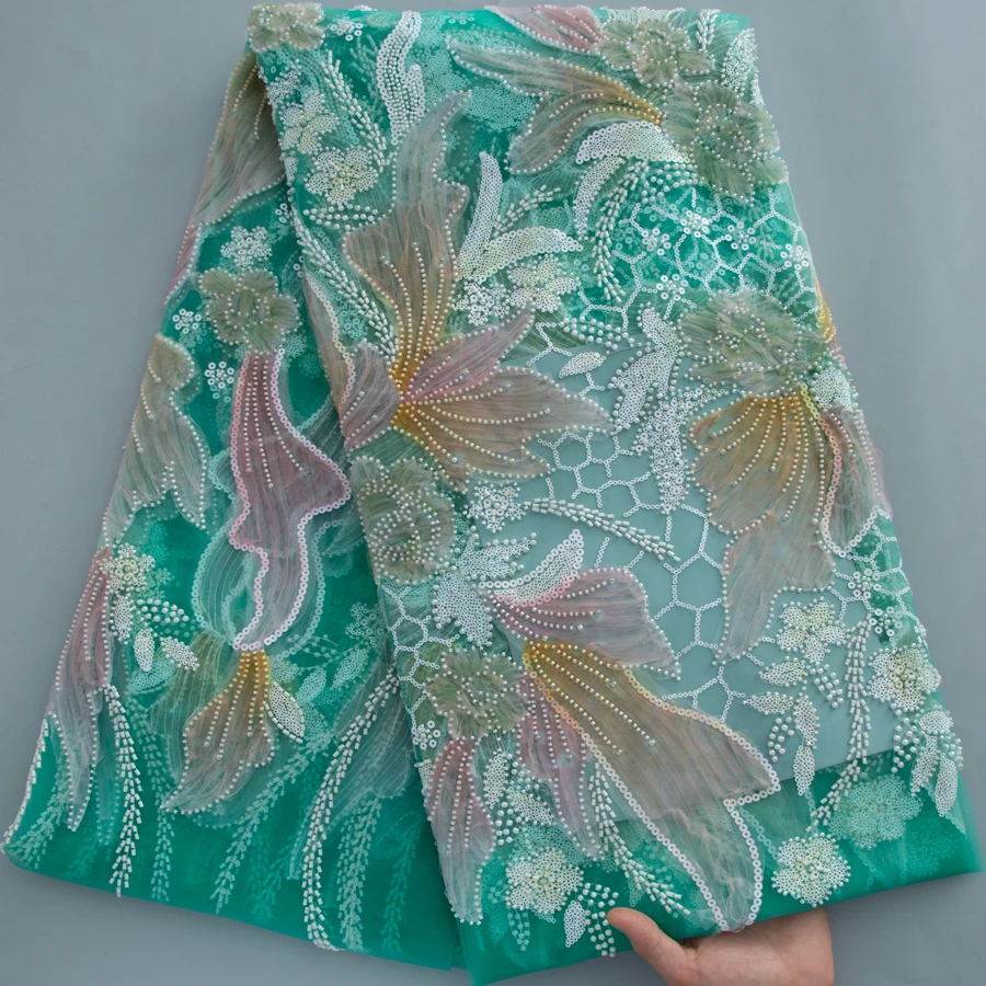 

Luxury African Net Lace Fabric, Turquoise 3D Embroidered French Mesh Lace with Pearls, Nigerian Lace Fabric for Party Dress
