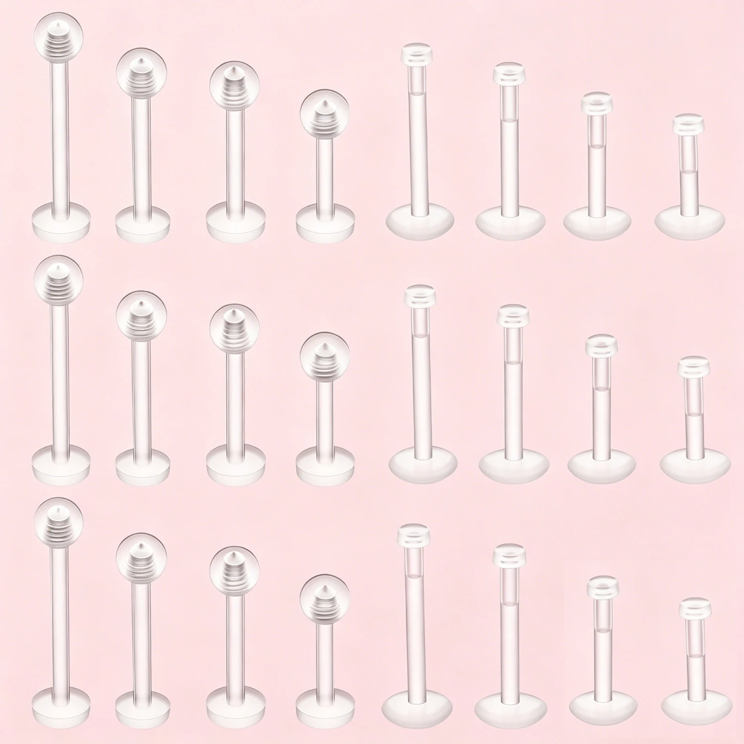 24PCS Clear Invisible Piercing for Work 16G Push Top Helix Labret Lip Rings Earrings Flat Back Nose Studs Tragus 6/8/10/12mm Bar