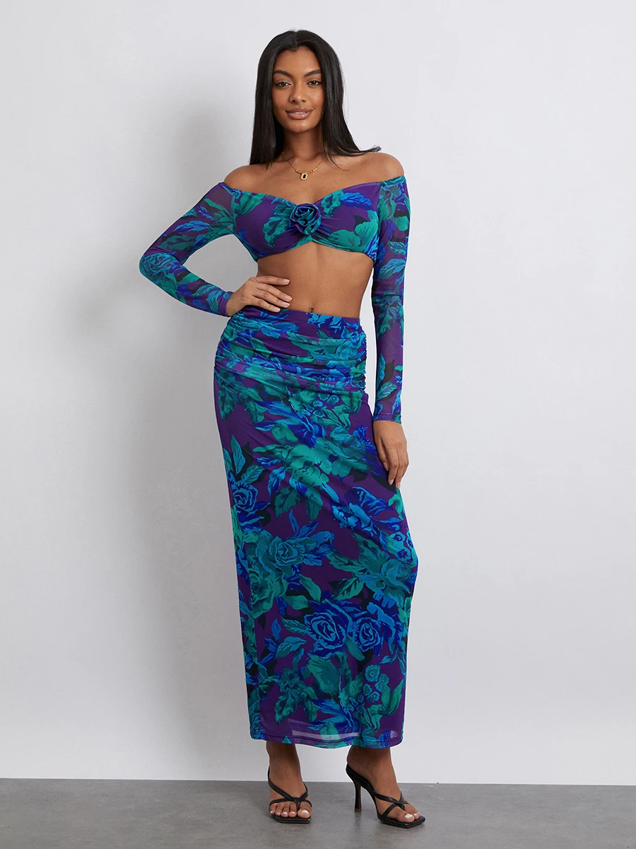 Women Skirt Set Flower Print Long Sleeve Off-shoulder Crop Top with High Waist Long Skirt Fall Outfit