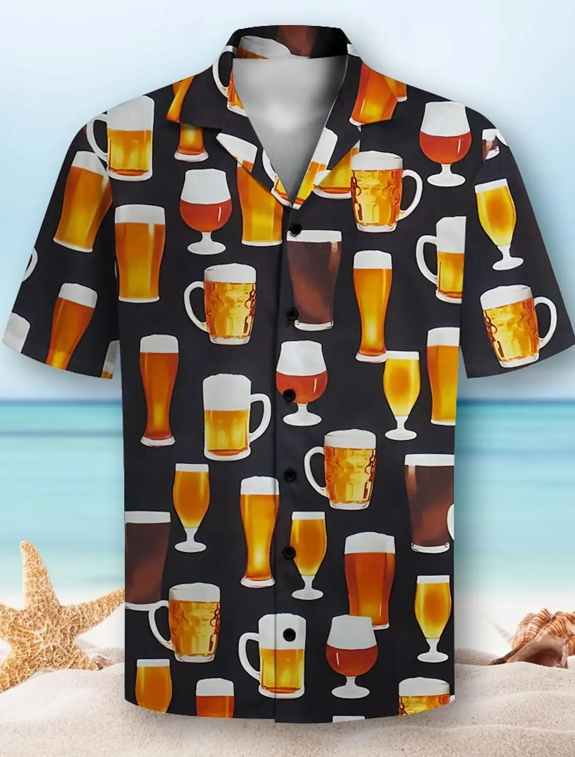 Bier Muster 3D-Druck Männer Kurzarm Party täglichen Urlaub Button-Down-Revers-Shirt für Sommerferien, Hawaii-Stil