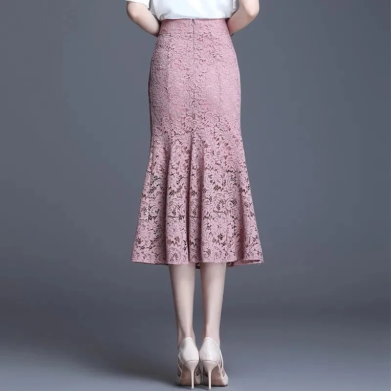 Faldas largas coreanas de cola de pez para mujer, falda larga de encaje a la moda de verano para mujer, falda larga de cintura alta de talla grande 4XL