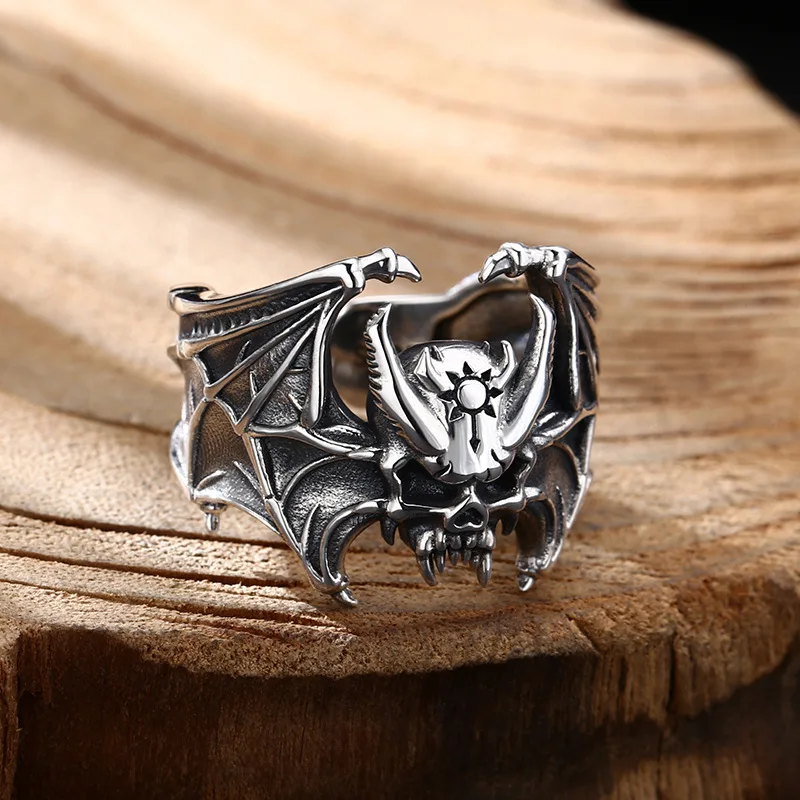 Buyee 925 Sterling Silver Male Big Ring Finger Elegant Gary Bat Open Ring for Woman Men Unique Fashion Fine Jewelry Circle