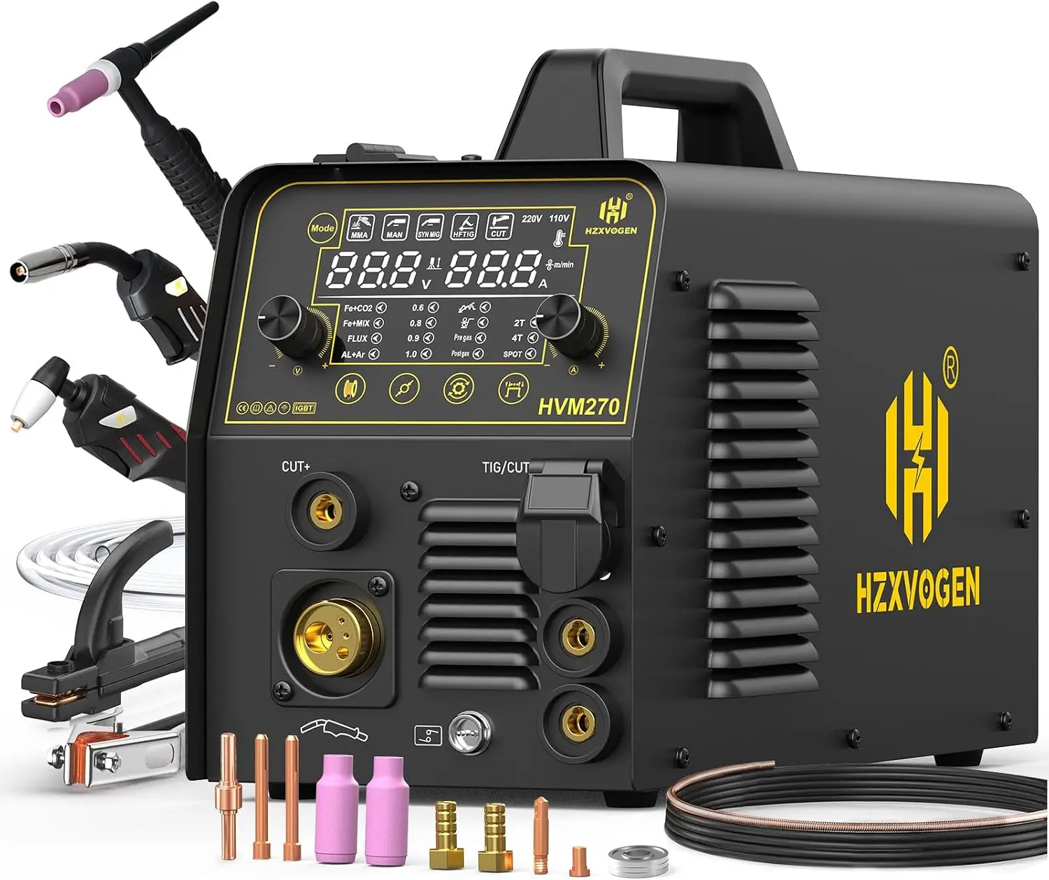 

200A Plasma Cutter Welder Combo, 7 In 1 Gas MIG/Flux Core MIG/Pulse MIG/HF TIG/Stick/Cut/Spot, 110/220V Aluminum Welding Machine Multiprocess Welder with Synergic Mode