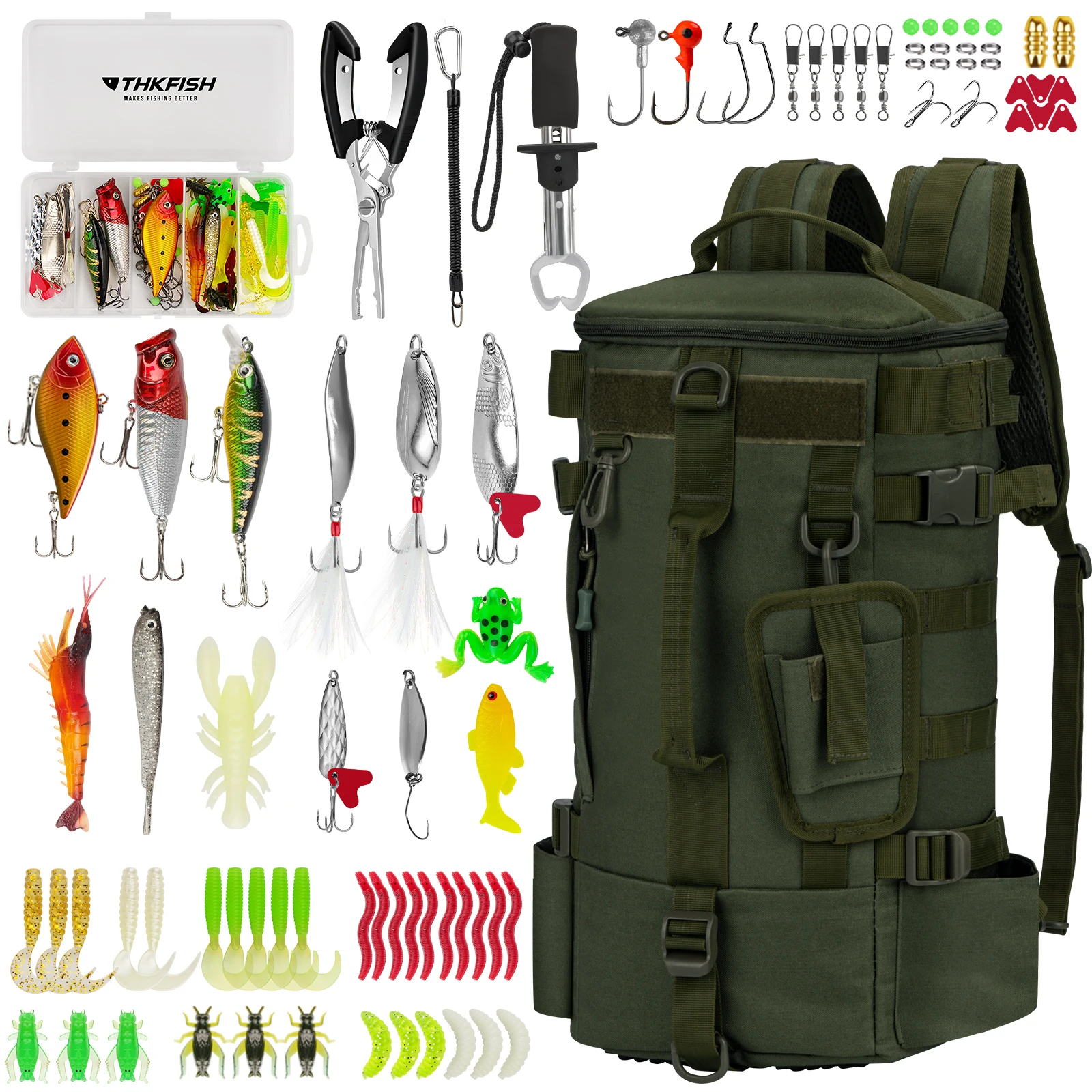 

Fishing Backpack with Rod Holders 85pcs Nylon Fishing Backpacks With Tackle Boxes Fishing Lures Kit Fish Lip Gripper Pliers