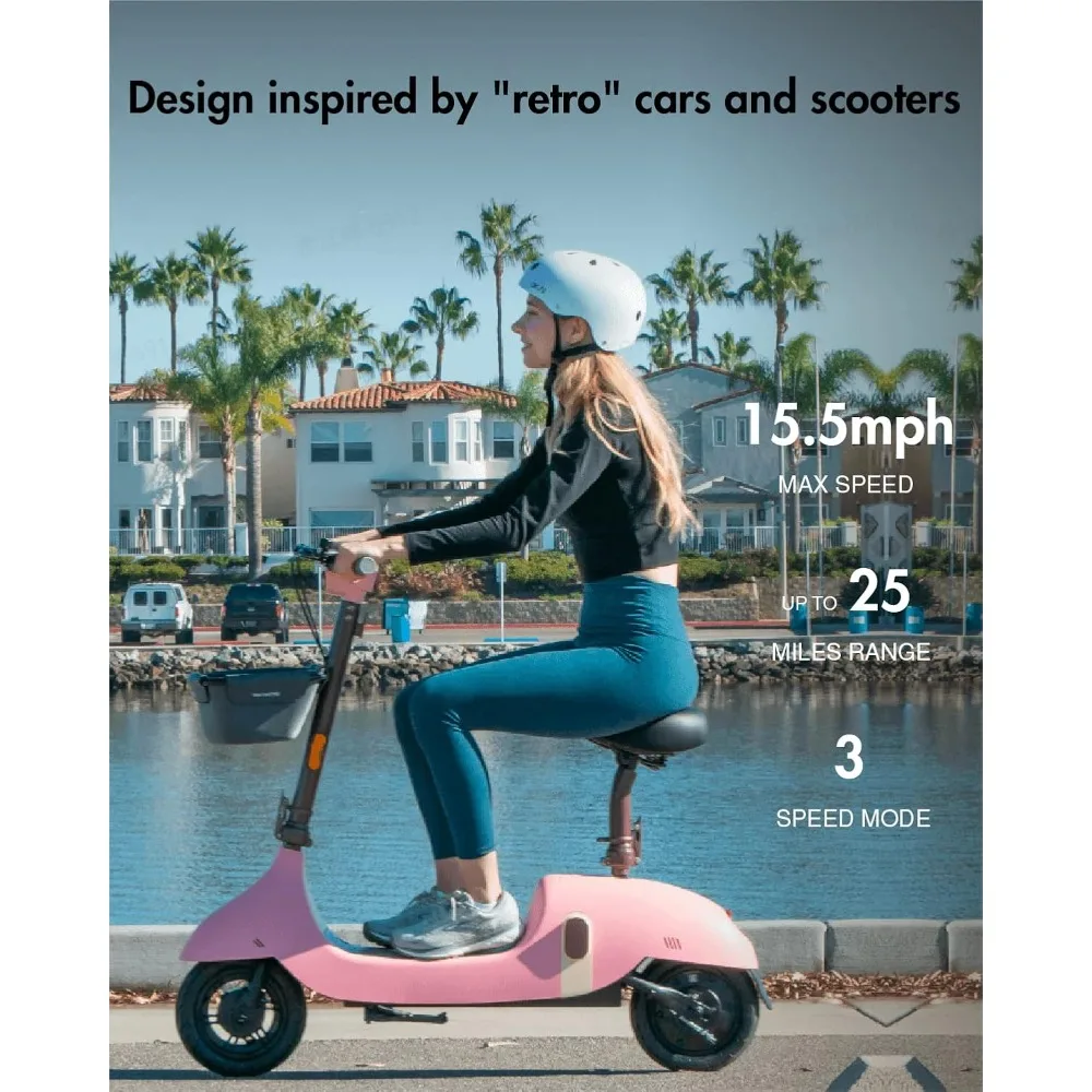 Electric scooter with adult seat, range 25-35 miles, 15.5 mph, electric moped 10 inch tires, removable battery, dual brakes