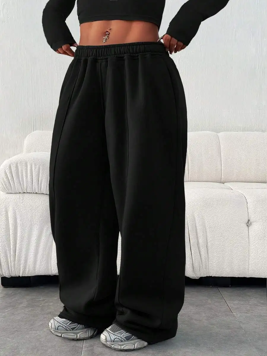 

Plus Size Women's Casual Loose Solid Color Elastic Waistband Pocket Sweatpants
