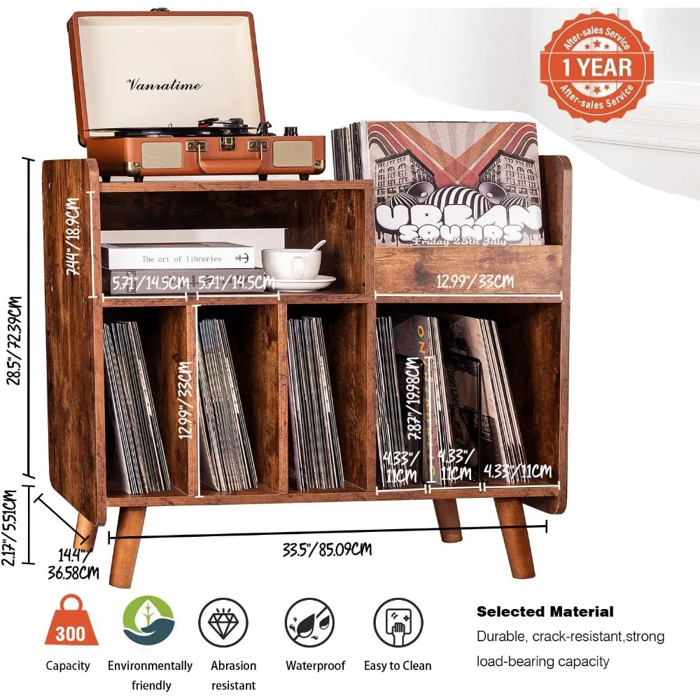 حامل مشغل التسجيل، خزانة طاولة كبيرة لمشغل التسجيلات مع مساحة تخزين من الفينيل المفتوح ورف عرض يحمل ما يصل إلى 350 ألبومًا، متوسطة السن
