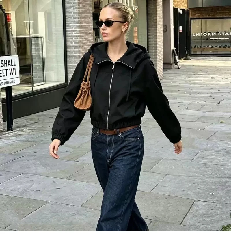 Early Autumn Casual Style Short Jacket Women's Slimming Waistcoat Hooded Coat Polyester Fiber Zipper Closure Fashionable