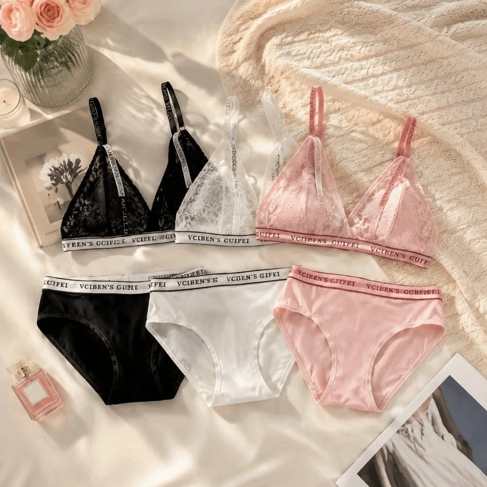 Breathable Letter Design Lingerie Set Lace Deep V Women Underwear Suit Wireless Color Blocking Bra Panties Set Women