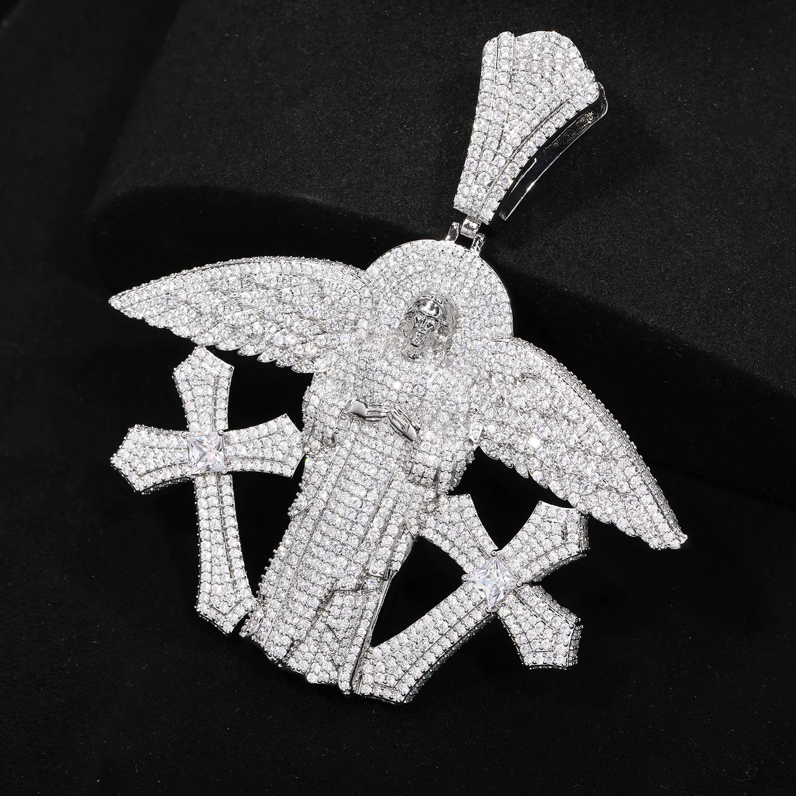 Iced Out Angel Cross Pendant Necklace Baguette CZ Stainless Steel Twist Chain Gold Plated Hip Hop Mens Statement Jewelry