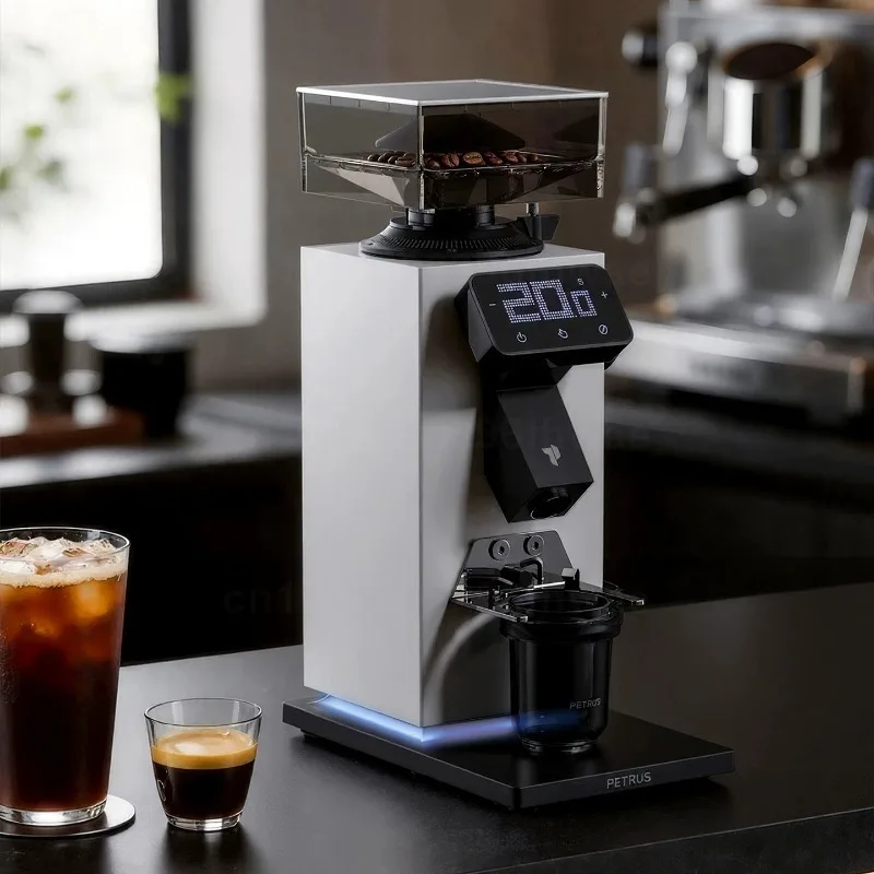 Petrus PE3799 Electric Coffee Grinder 64mm Flat Burr 90 Settings Dual Hopper Anti-Static Espresso Grinder Touch Display