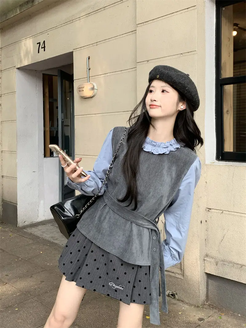 French Style Ear Spliced Shirt Fake Two Pieces College Style Waist Cinching Slimming Outerwear