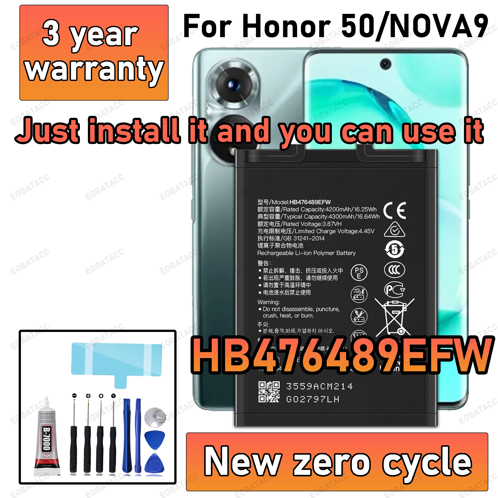 

100% новый аккумулятор большой емкости HB476489EFW для HONOR 50/NOVA 9, аккумуляторы для телефона + бесплатные инструменты