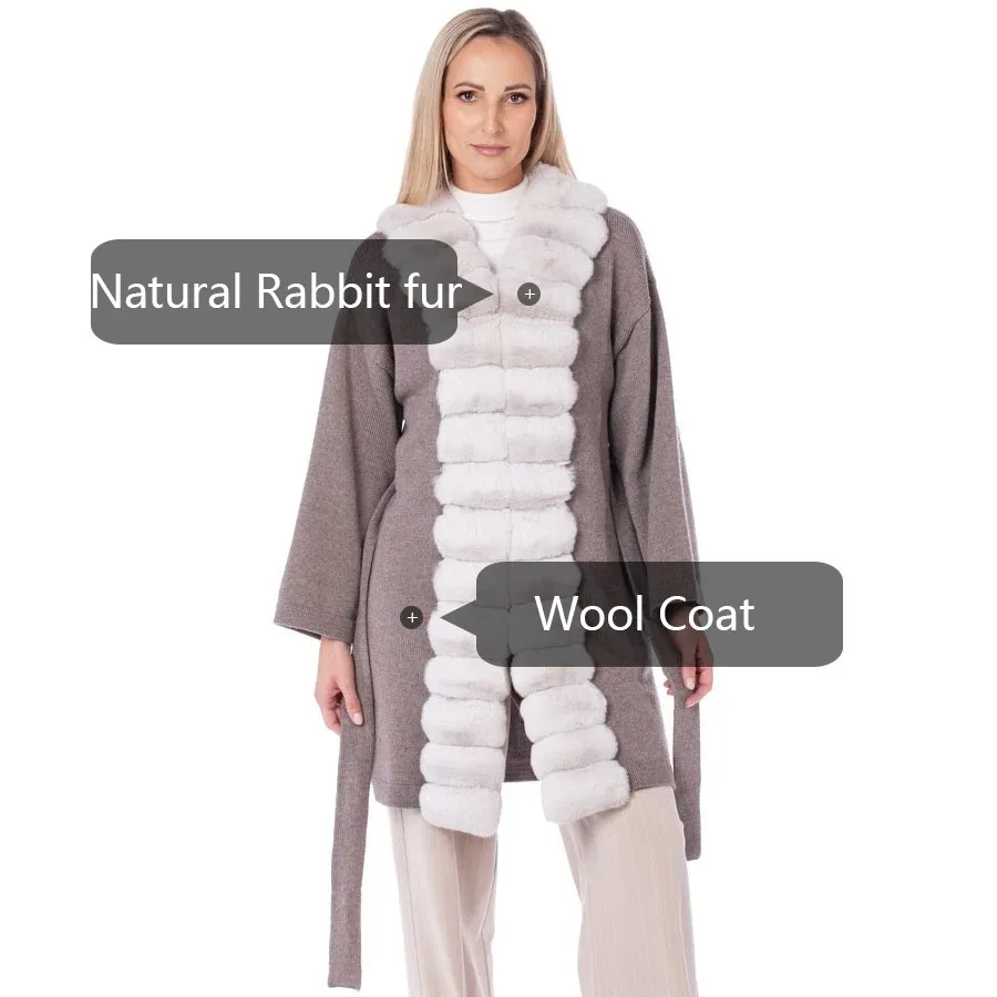 Natural Rex Rabbit Fur Coat New Cashmere Coat Women Wool Blends Long Real Fur Coat Warm Winter Clothes High Quality Luxury