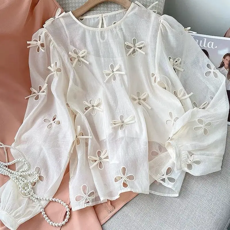 Women Cut Out 3d Bow Knot See Through Shirts Loose Casual O-neck Lantern Sleeve Blouses 2024 Summer Sweet Fashion Straight Tops