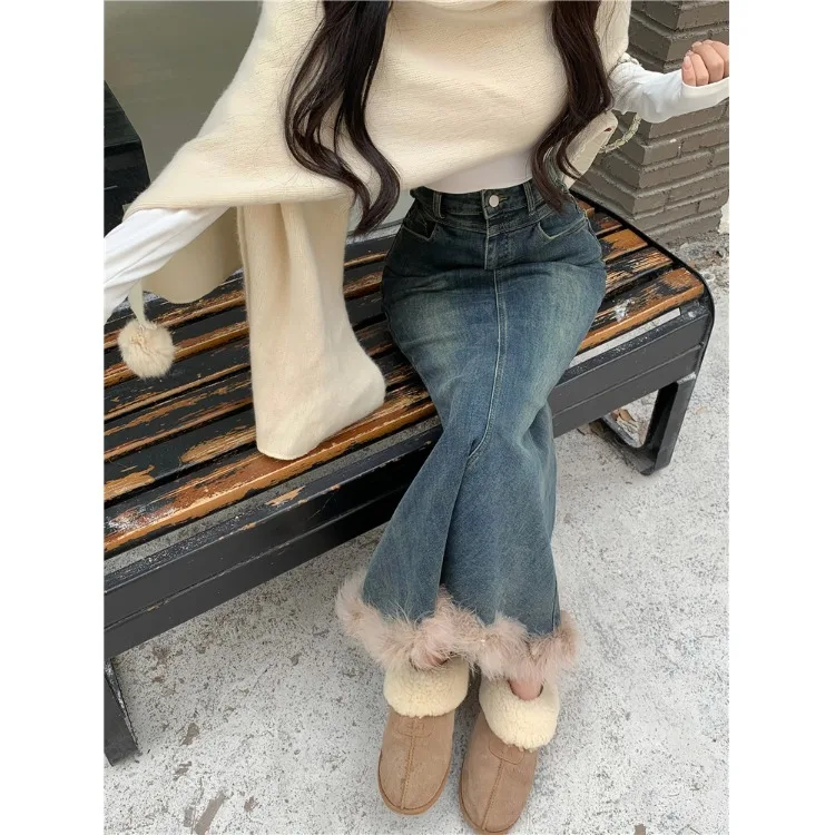 Retro Fashion Furry Patchwork Denim Skirt Women's Autumn and Winter New High Waist Fishtail Skirt Gyaru Fashion Fashion A- li...