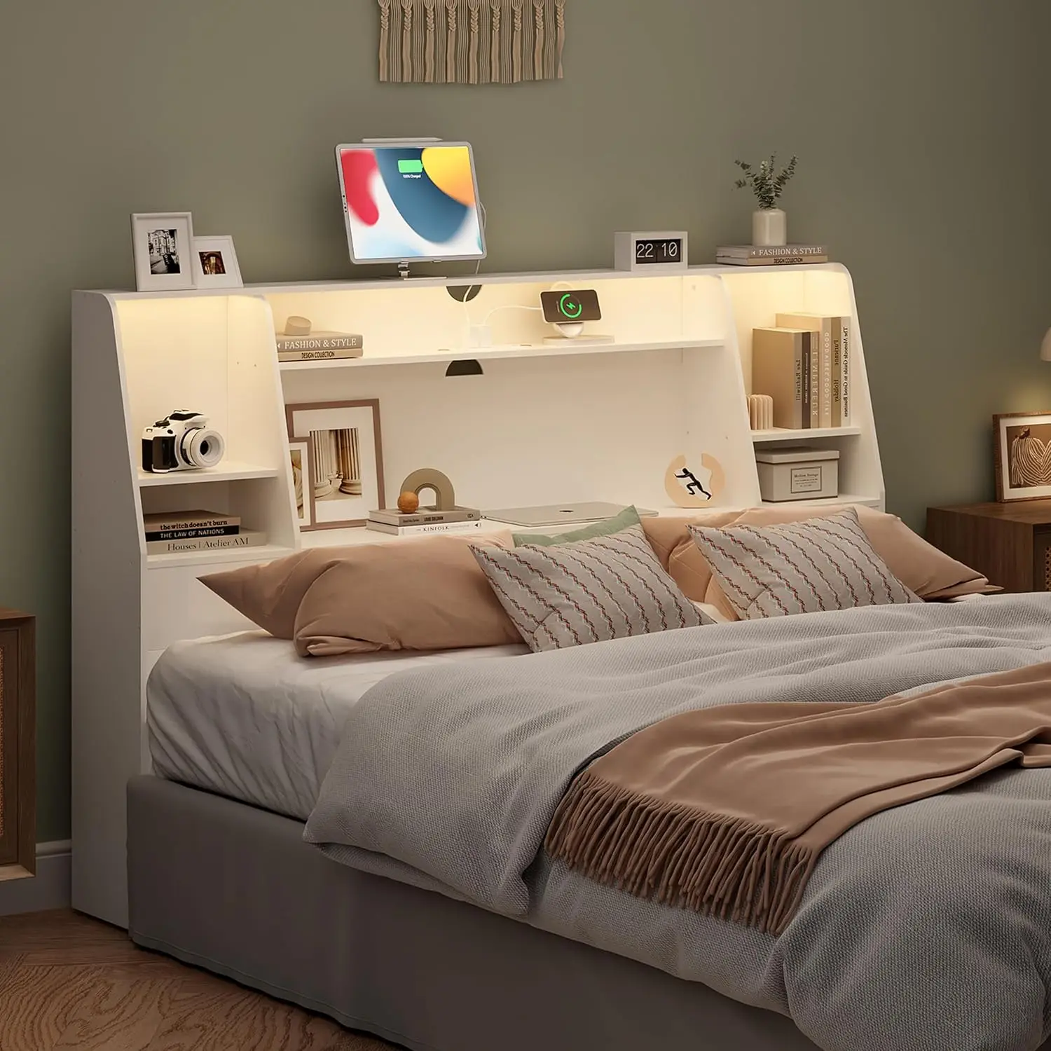 Queen Size with Storage, Upholstered Wood Bookcase Headboard with Charging Station & 2 LED Lights (White, Queen)