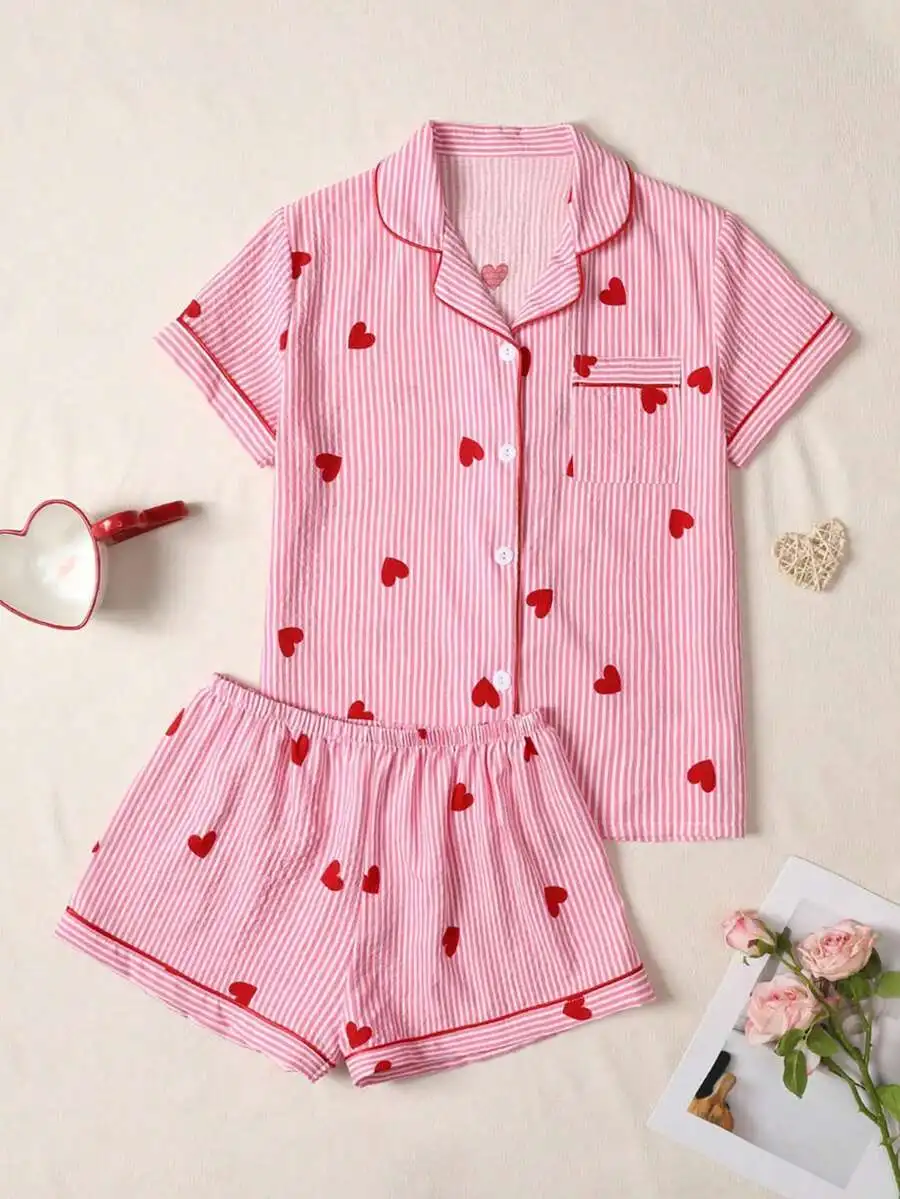 

Womens Summer Short Sleeve Striped Heart Print Pajama Set With Buttoned Collar Top And Shorts