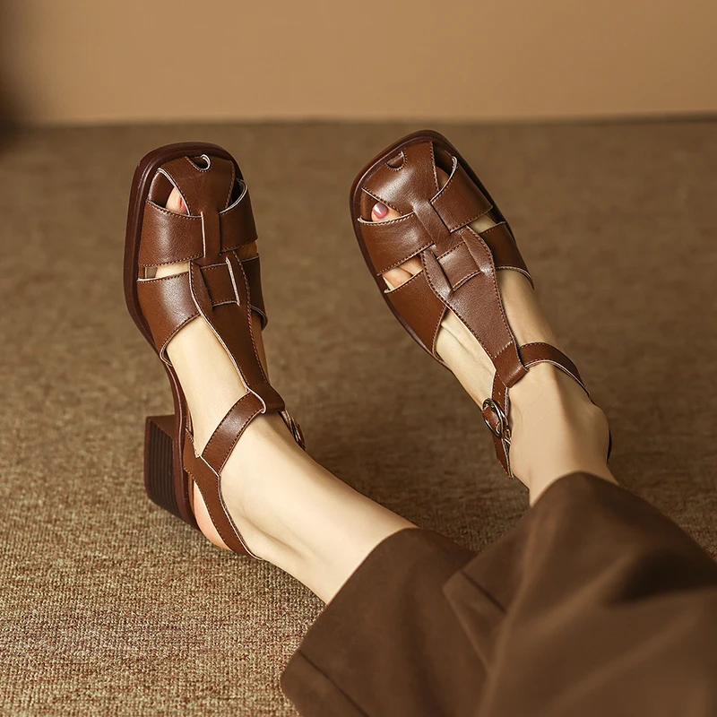 EAGSITY Cow leather gladiator sandals chunky heel women shoes brown ankle strap high heel casual pumps casual outdoor sandals