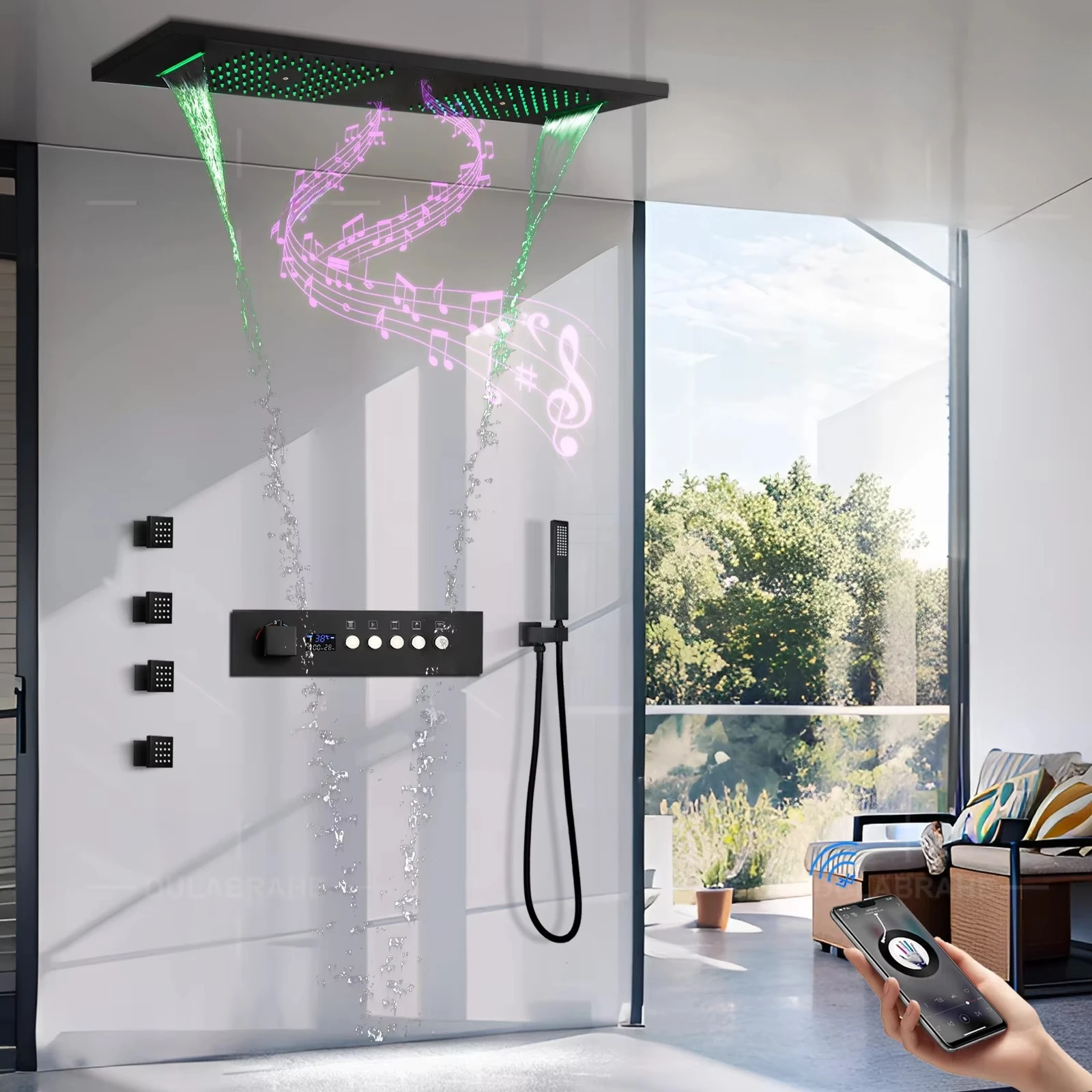 Ceiling Rain Shower Matte Black Modern LED Music Shower Set 36*12inch  Bathroom Thermostatic Digital Smart Mixed System
