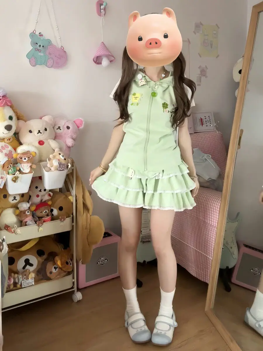 Japanese Cute Rabbit Ears Hooded Slim Bear Short-sleeved Top 2026 Spring Summer New Women's Tutu Skirt