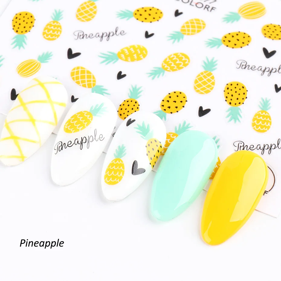 Summer Lemon Nail Stickers 3D Adhesive Sliders Fruits Strawberry Pineapple Nail Art Decals Designs Decoartions Manicures