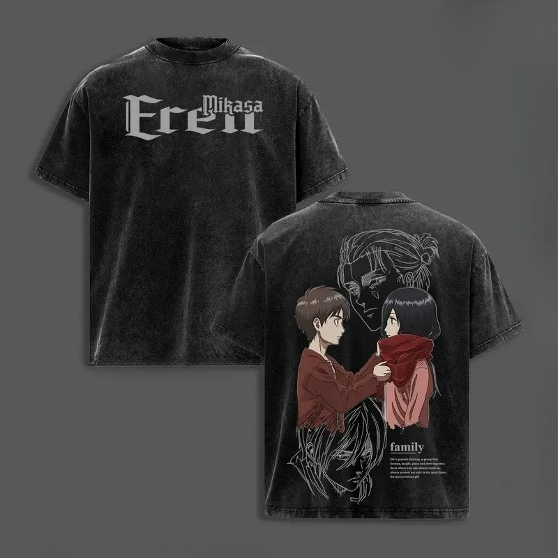 Eren Jaeger Mikasa Print T-shirt Anime Attack On Titan Clothing Men Women Cotton Tshirts Retro Washed T Shirt Harajuku Male Tops