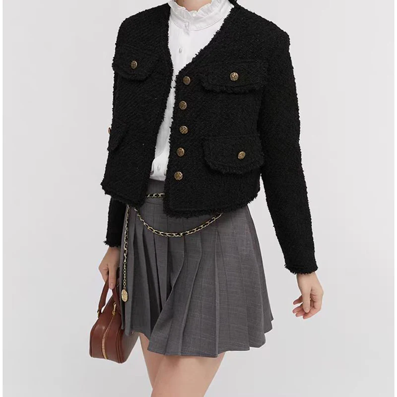 

EVNISI Women Tweed Long Sleeve Elegant Jacket Single-breasted Cardigan Coat Pocket New Small Fragrance Outerwear Autumn 2024