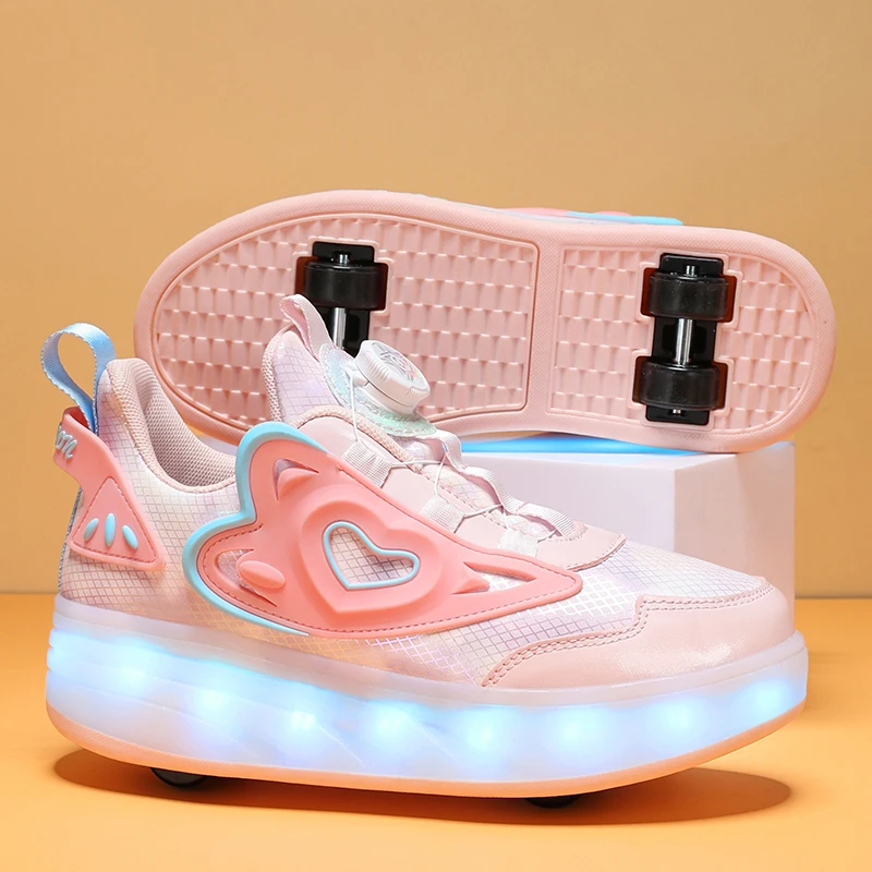 Children LED Light Sneakers 4 Wheels Luminous Shoes with Wheels Lights Rechargeable Girls Boys Women Kids Roller Skates Shoes