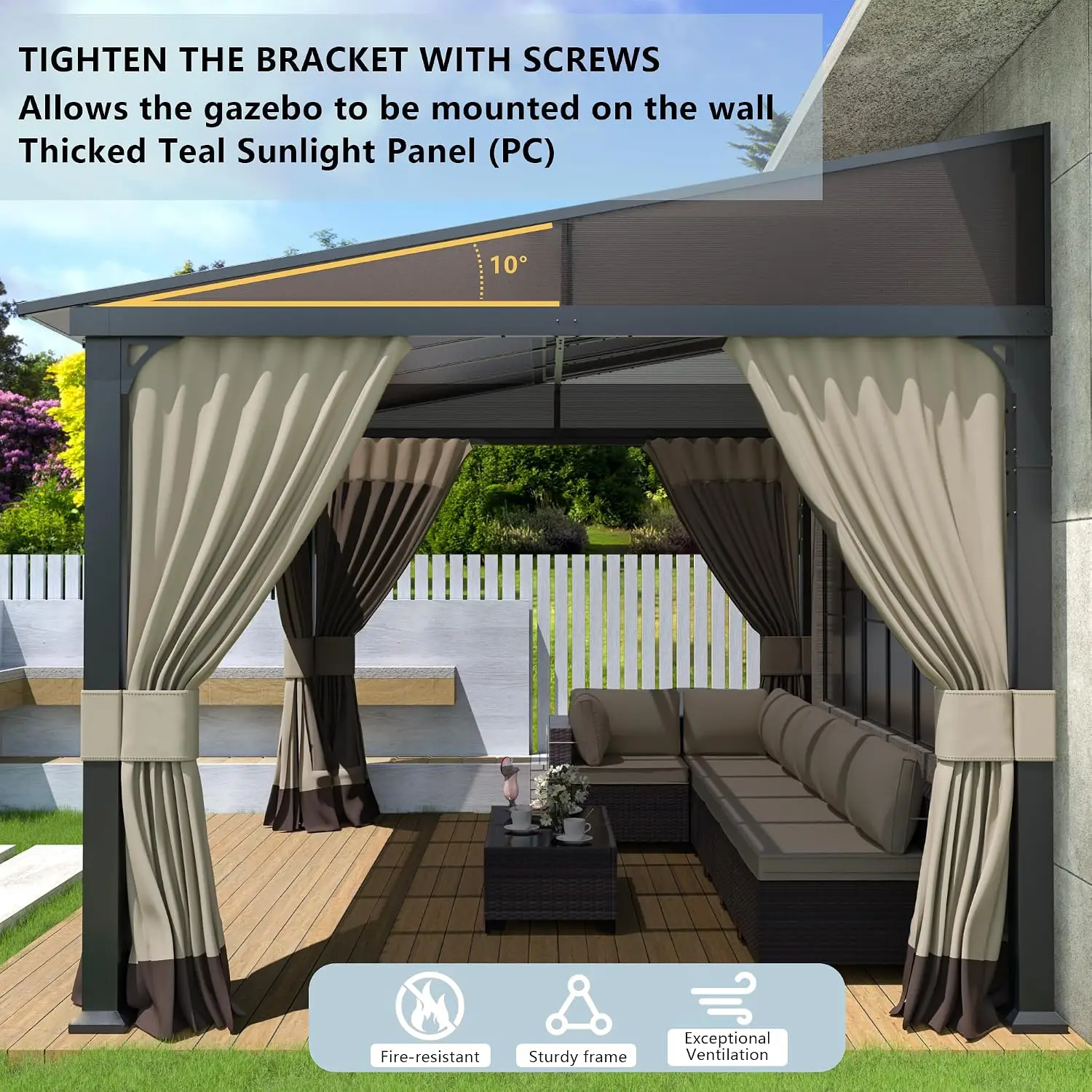 10’ x 26’ Wall Mount Gazebo Outdoor Pergola, Hardtop Lean to Gazebo Canopy Awnings with Sloped Roof and Sturdy Steel, Custom view 3