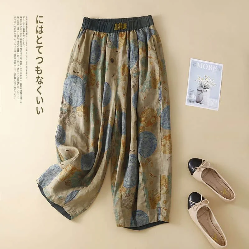 Cotton Linen Pants for Women Loose Printed Baggy Pants Vintage Summer Korean Style Elastic Waist Cropped Trousers Lantern Pants