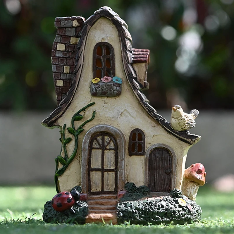 Fairy House Large Rustic Miniature Garden Cottage With Ladybug & Bird Fairy Garden Miniature Villa Woodland Home