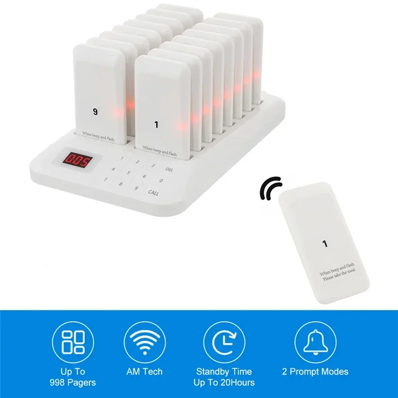 

Wireless Calling System Buzzer Restaurant Bar 16 Pager Receiver 1 Keypad Transmitter Guest Paging Cafe Coaster