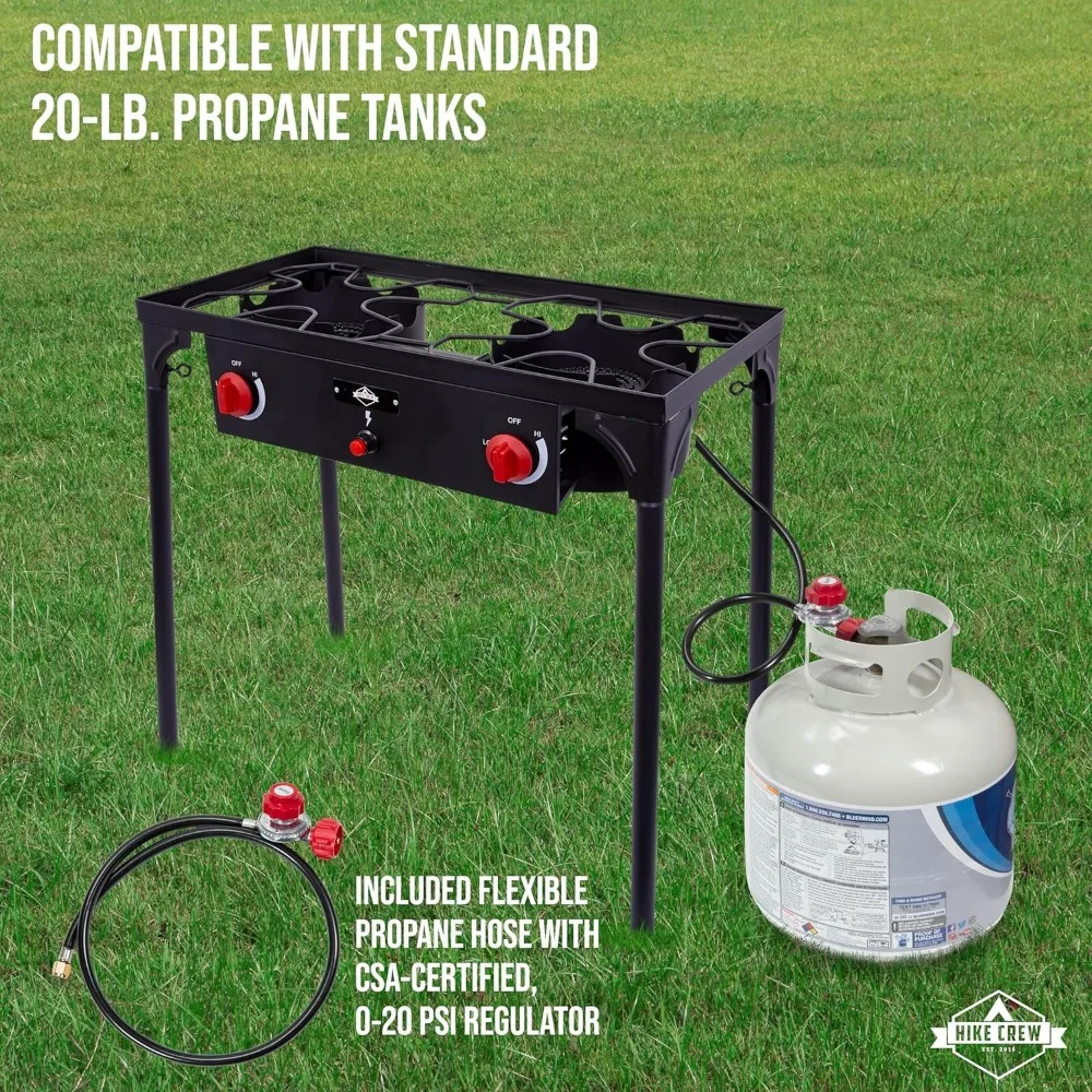 Auto Ignition Double-Burner Outdoor Gas Stove | 150,000 BTU Portable Propane-Powered Cooktop with Blue Flame Control, Removable