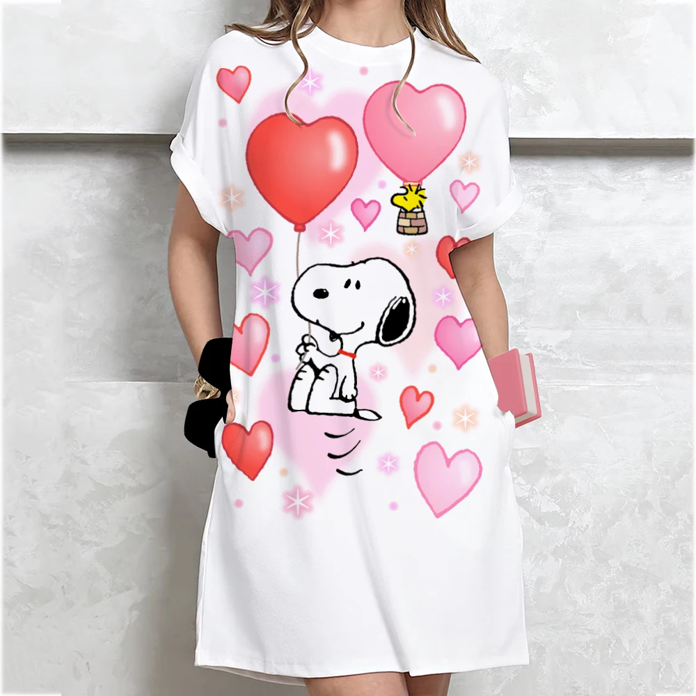 Zomer losse steek print T-shirt jurk dameskleding student middellange jurk met korte mouwen cartoon stijl polyester stof