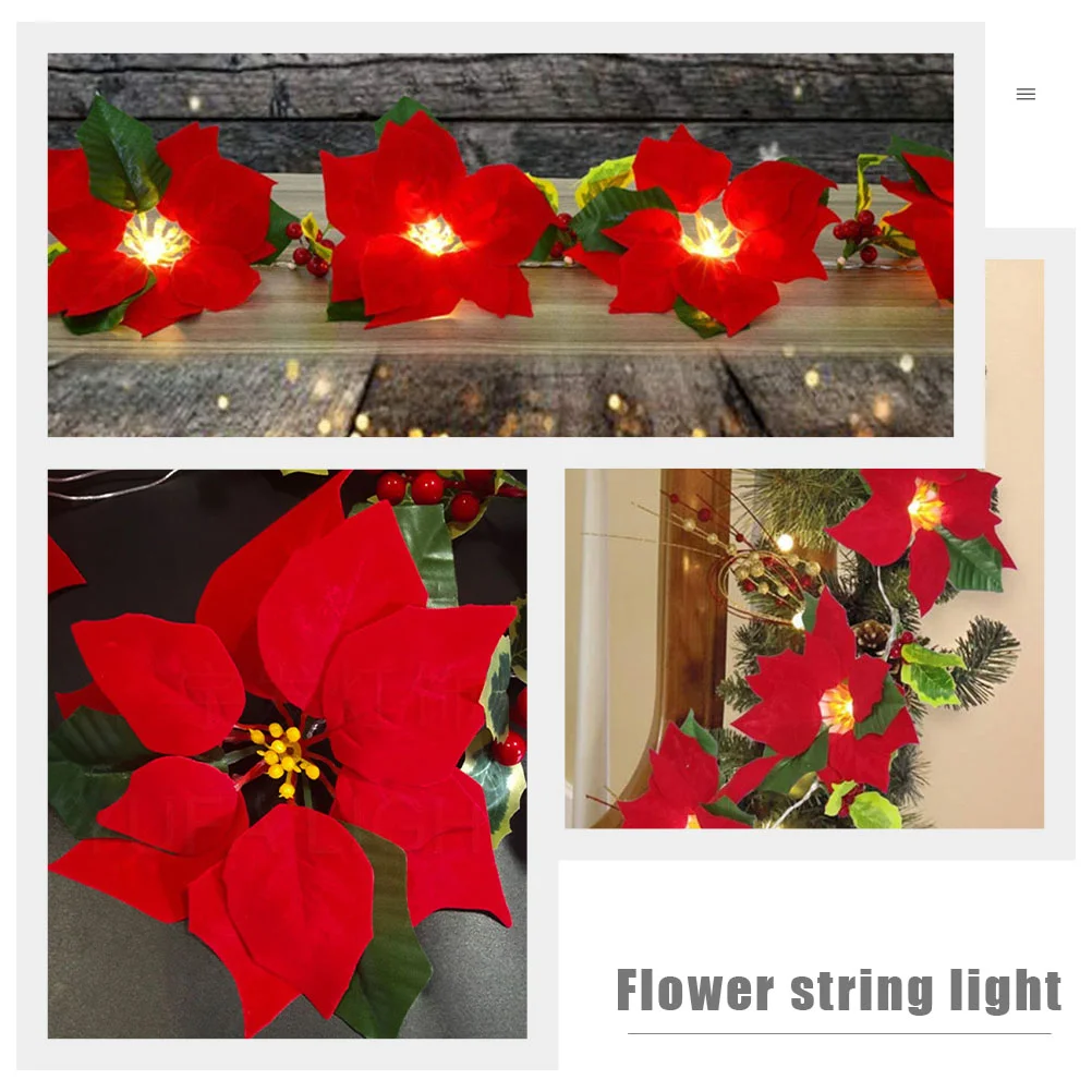 Guirxiété lumineuse murale de fête de Noël, guirxiété de poinsettia, décor de Noël