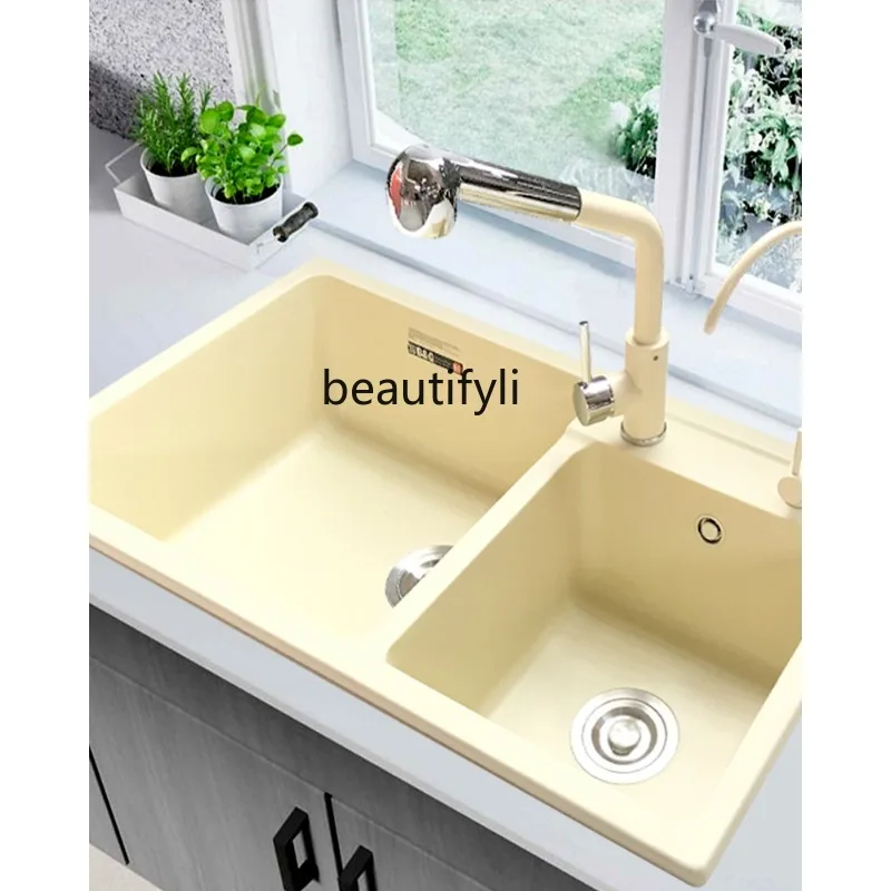 Light Pink Light Yellow Quartz Sink Double Groove Kitchen Vegetable Basin Pool Granite Color Pool Drop-in Sink