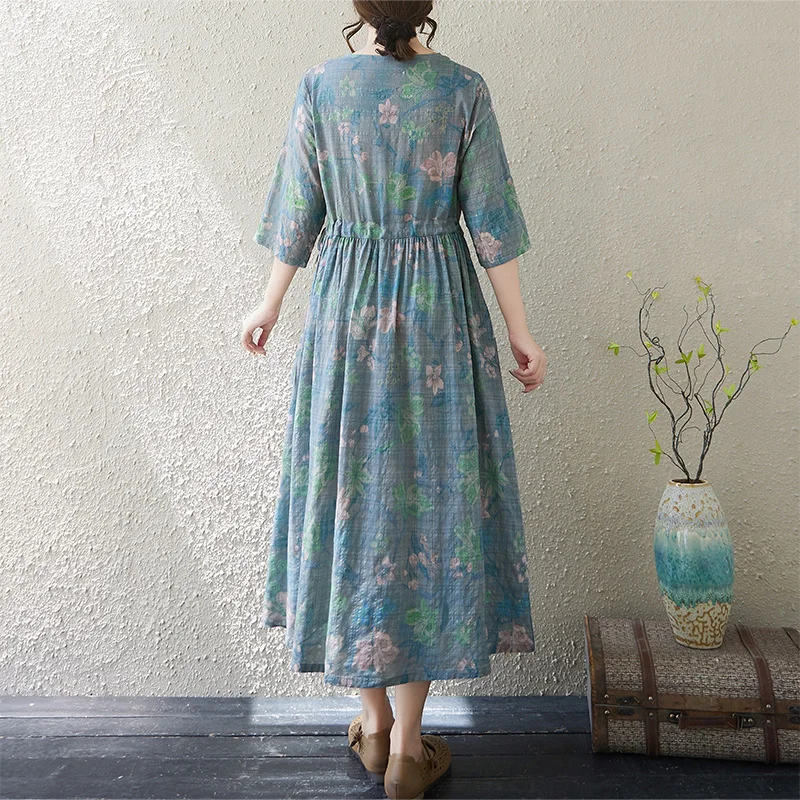 Retro Canapa Dr V-ne da donna in cotone e lino aderente in vita Midi Summer Zen Pure Tea Abbigliamento Stampa artistica Abito Vestibilità ampia...