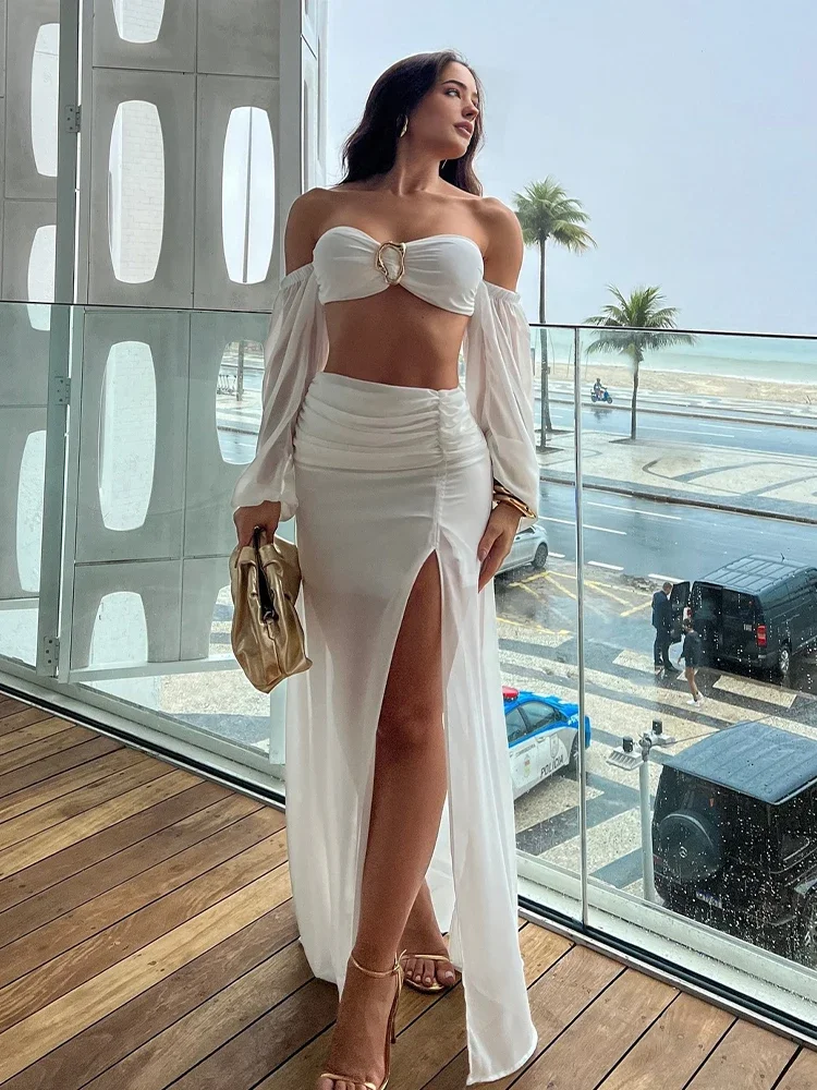 Sexy Beach Dress Women Long Sleeve Bikini Two Piece Swimsuit Cover Up High Side Split Skirt Cruise Suit Vacation Outwear S112