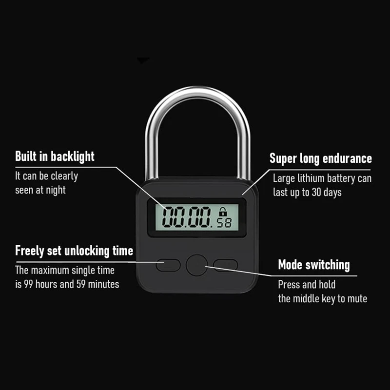 Bloqueio de temporizador de metal Liga USB recarregável LCD Display Bloqueio de temporizador eletrônico multifuncional