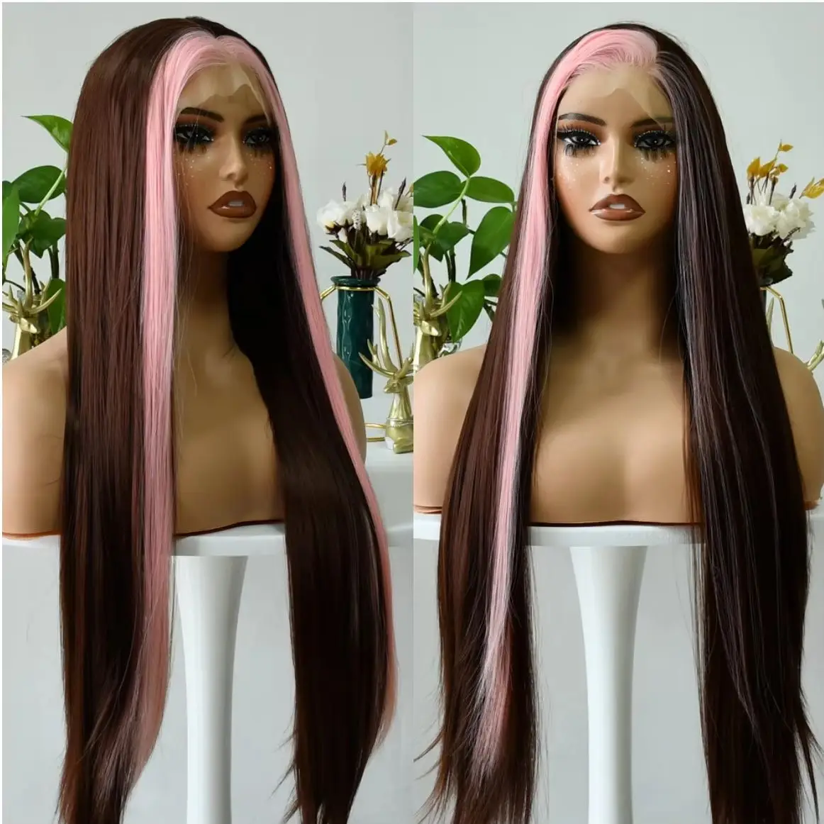 Marrom destaque rosa peruca frontal de renda reta 13x4 hd preplucked resistente ao calor natural fibra cabelo cosplay para mulher