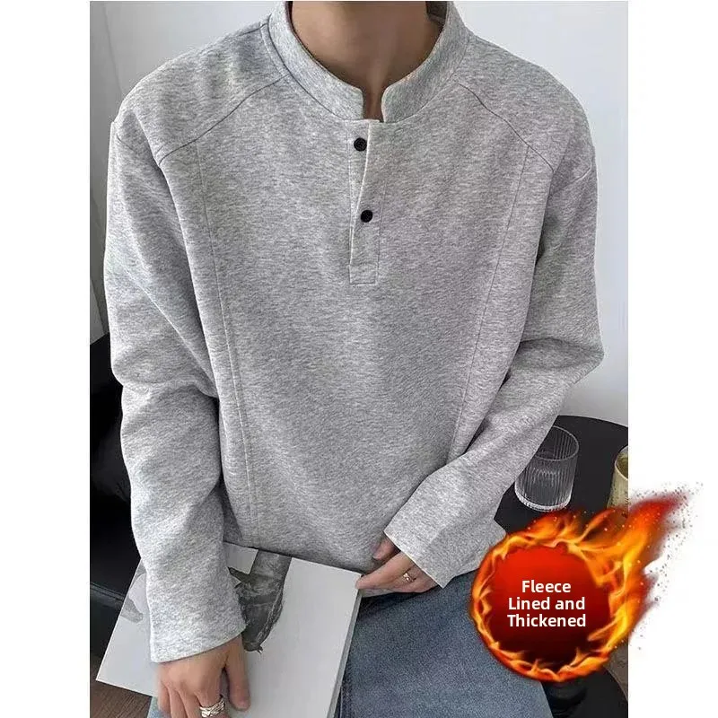 American Style Long Sleeve Henry Collar Men's T-shirt Spring Short Wide Boxy Hoodie Cleanfit Base Shirt Trendy Brand