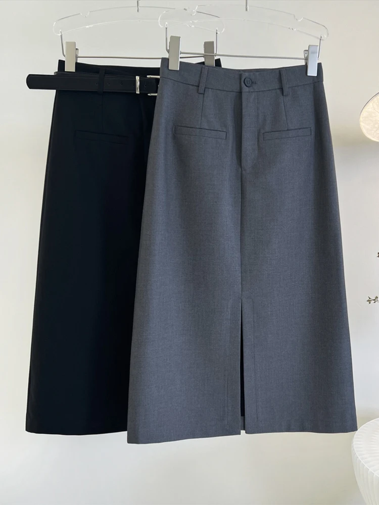 

Gray Suit A-Line Midi Skirt High Waist Slit Women's Spring Autumn New Style One Step Wrap Body Skirt Korean Style Commute