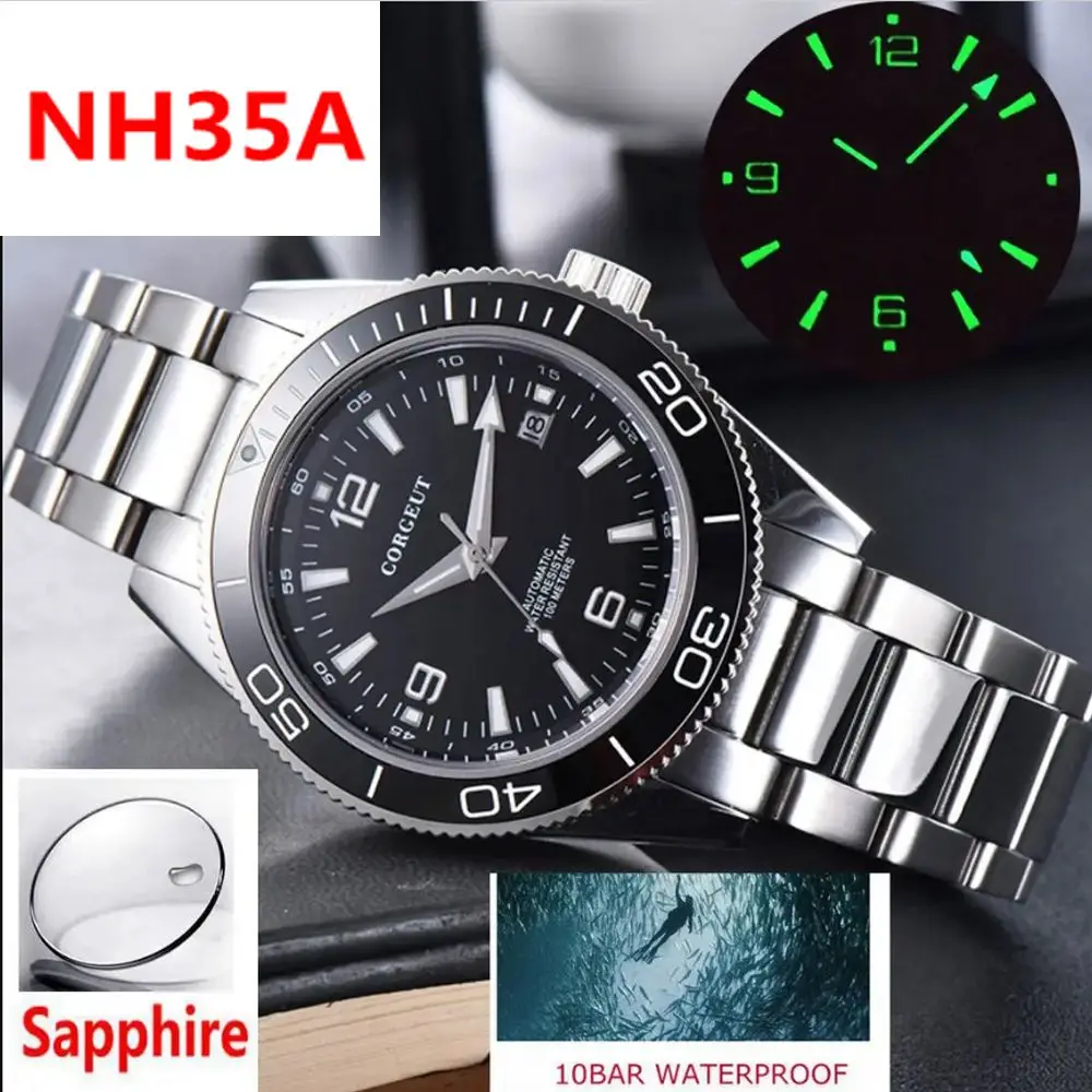 Luxury Corgeut NH35 Men Mechanical Watch Sapphire Glass Automatic Watch For Men Stainless Steel Sports 100M Waterproof Watches